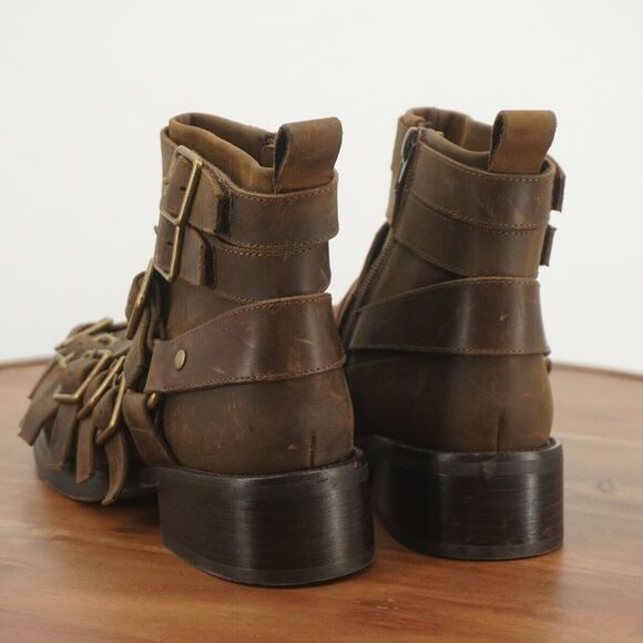 Jeffrey Campbell Womens Belted Up Biker Boots Brown Leather Buckles Block Heel 6 - Picture 5 of 9